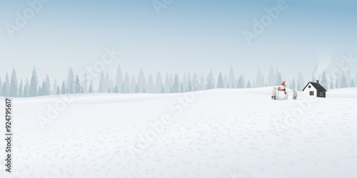 Canvastavla Minimalist snowscape with cottage and kids playing with snowman have pine forest and blue sky behind graphic illustration