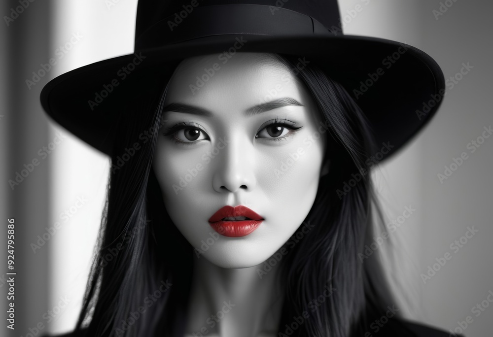 Fashion Model Beauty Portrait, Woman Beauty, Elegant Black Hat Fashion Model Beauty Portrait, Woman Beauty, Elegant Black Hat