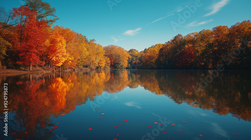 autumn reflection by the lake with clear water and colorful trees mirrored, capturing a tranquil fall moment in a harmonious natural scene.