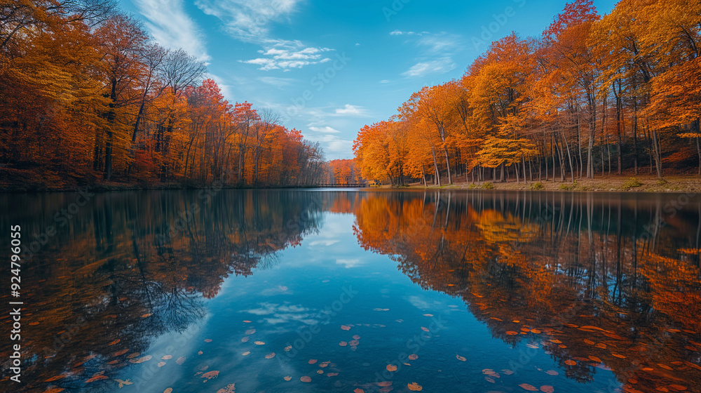 Naklejka premium autumn reflection by the lake with clear water and colorful trees mirrored, capturing a tranquil fall moment in a harmonious natural scene.