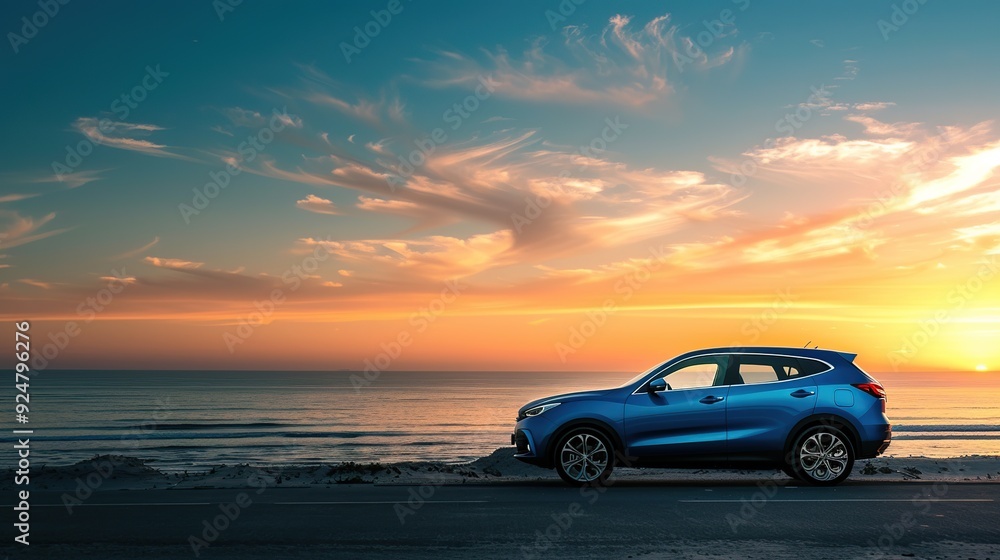 a blue suv car parked on the beach at sunset a blue suv car parked on the beach at sunset