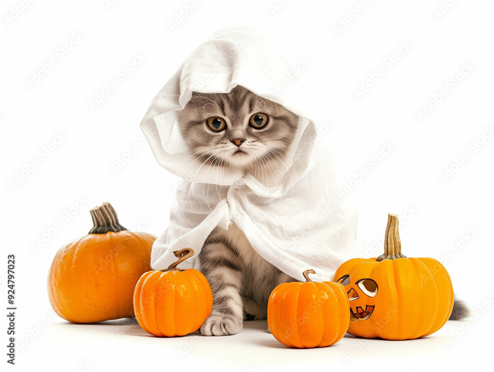 Cat kitten wears Halloween ghost witch with pumpkin devil isolated on white background. Cat kitten wears Halloween ghost witch with pumpkin devil isolated on white background.