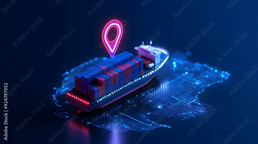 Fototapeta premium Futuristic ship tracking and logistics concept, with a cargo ship, digital map, and glowing location marker in a technological setting.