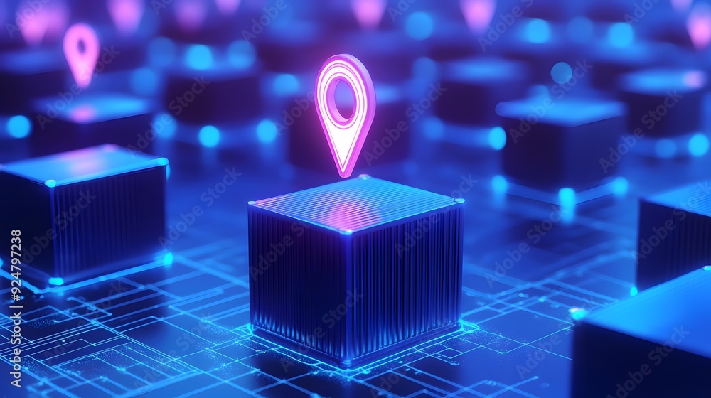 Futuristic technology concept of digital cubes with location markers on an illuminated blue grid. Futuristic technology concept of digital cubes with location markers on an illuminated blue grid.