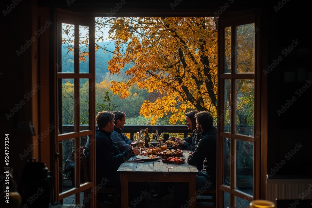 Naklejka premium Gathering around a rustic table, enjoying a warm meal while trees adorned in autumn leaves provide a stunning backdrop. A cozy indoor setting. Generative AI