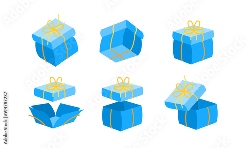 Collection of blue gift boxes with yellow ribbons, showcasing various stages of being opened and closed