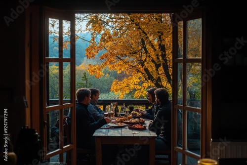 Gathering around a rustic table, enjoying a warm meal while trees adorned in autumn leaves provide a stunning backdrop. A cozy indoor setting. Generative AI