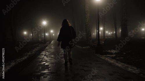 Woman returning home at night through city foggy park at night