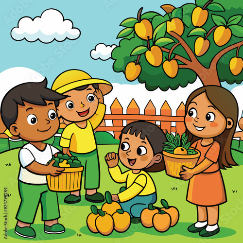 Children Collecting Mangoes in the Garden vector art