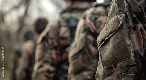 A line of soldiers stands in a row while wearing camouflage uniforms, preparing for a mission or training exercise outdoors.