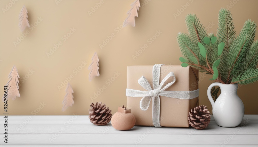 A beautifully wrapped gift sits on a white table, surrounded by pinecones and greenery, creating a cozy festive atmosphere. A beautifully wrapped gift sits on a white table, surrounded by pinecones and greenery, creating a cozy festive atmosphere.