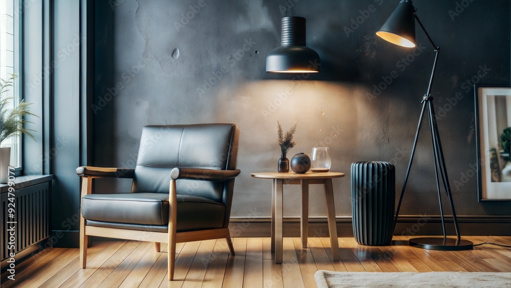 Modern interior with leather armchair and wooden table
Modern interior with leather armchair and wooden table