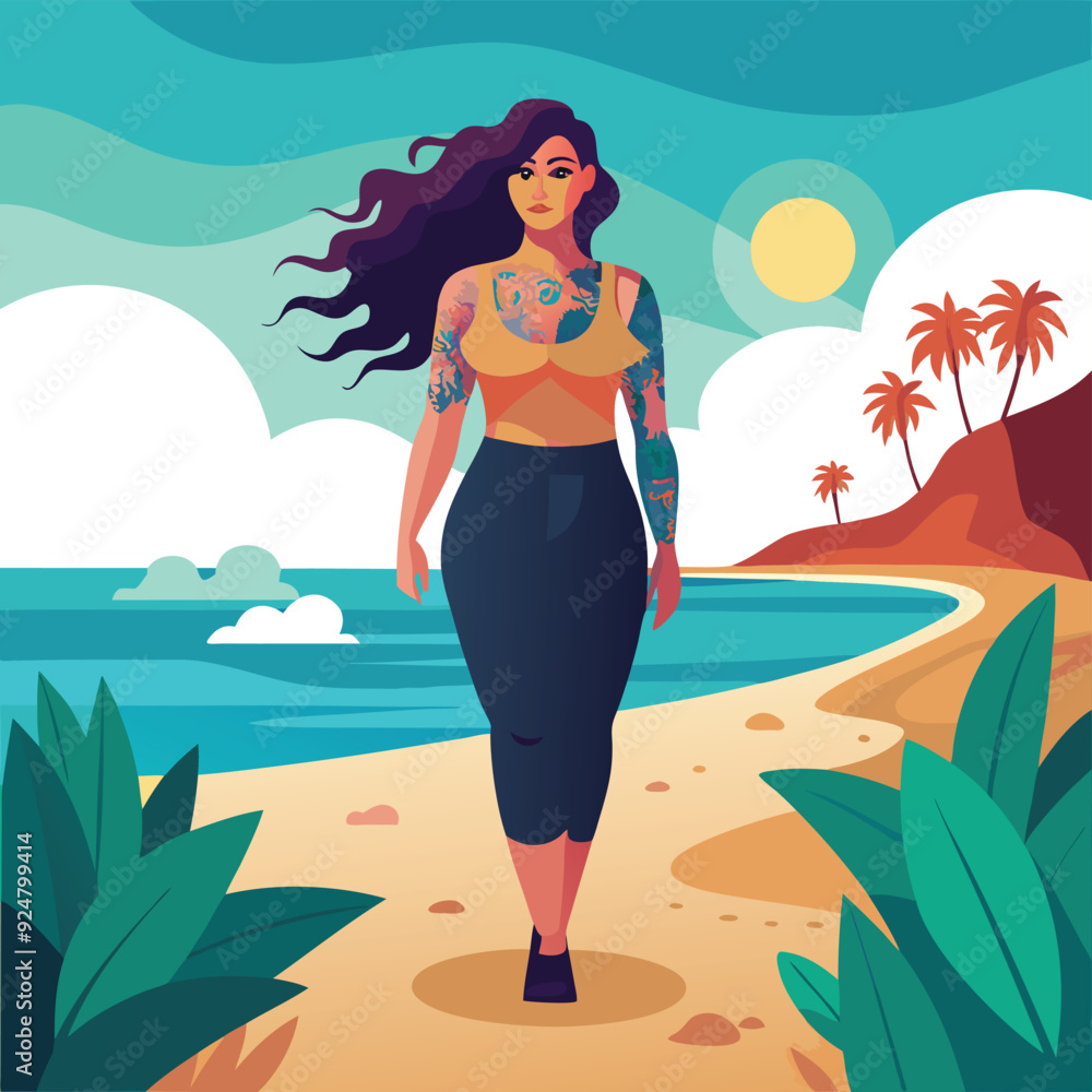 Cute blonde girl with long hairs on the beach with palms tree vector artwork
Cute blonde girl with long hairs on the beach with palms tree vector artwork
