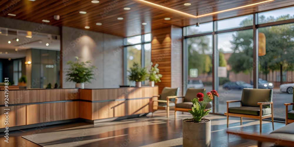 Modern reception interior with wooden elements and plants
Modern reception interior with wooden elements and plants