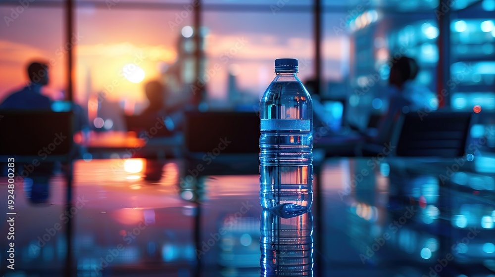 Bottle of water on the table in the office at sunset. Bottle of water on the table in the office at sunset.