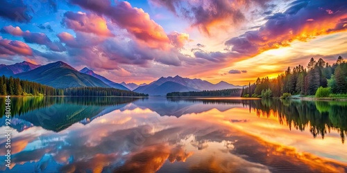 Tranquil mountain lake reflecting colorful sunset sky, tranquil, mountain, lake, sunset, reflection, peaceful, serene, nature
