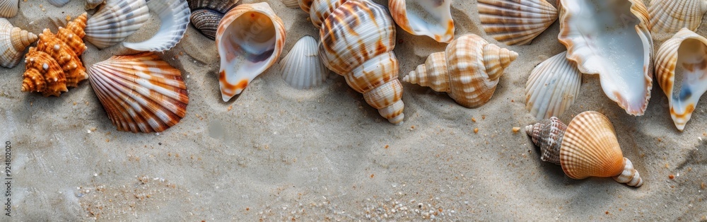 Colorful seashells scattered on a sandy beach at low tide during daylight Colorful seashells scattered on a sandy beach at low tide during daylight