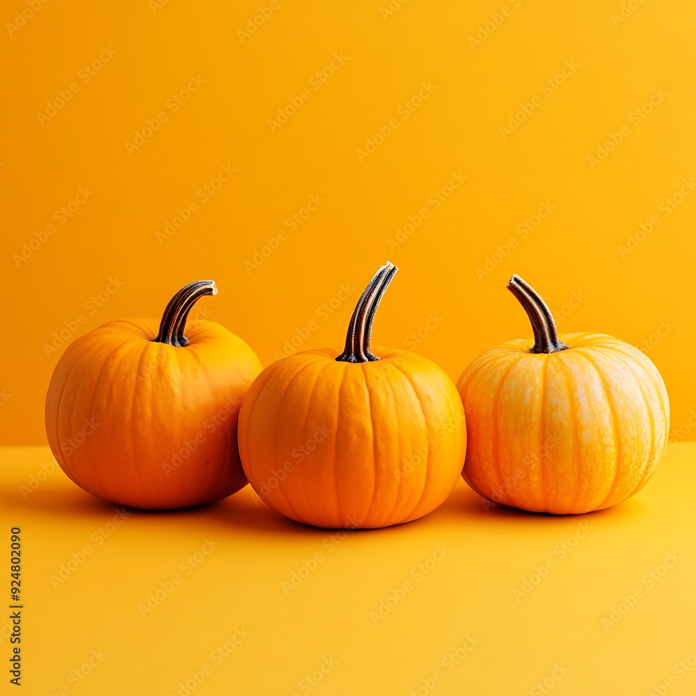Three pumpkins in a row, lined up on an orange background. Three pumpkins in a row, lined up on an orange background.