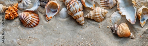 Colorful seashells scattered on a sandy beach at low tide during daylight