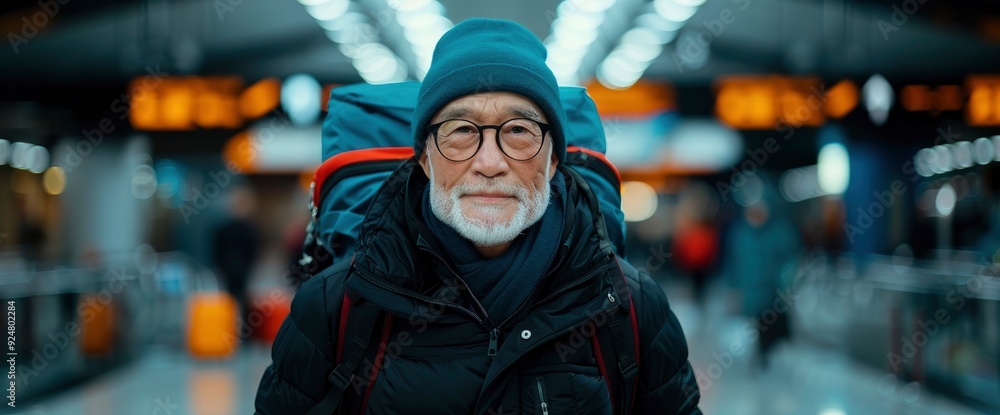 An Asian Senior Man With Luggage, Confidently Walking Through The Bustling Airport Terminal, Radiating Calm And Purpose An Asian Senior Man With Luggage, Confidently Walking Through The Bustling Airport Terminal, Radiating Calm And Purpose