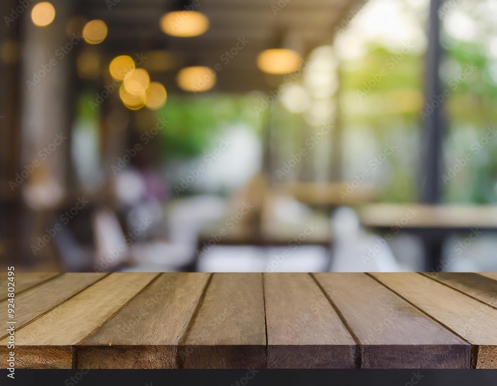 Cozy Corner: Wooden Table with Blurred Coffee Shop Background Cozy Corner: Wooden Table with Blurred Coffee Shop Background