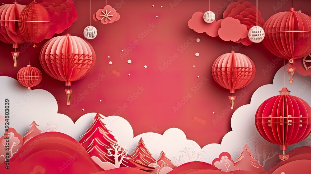 3d paper cut invitation card paper cut style for Chinese New Year in festival Lantern illustration paper art card 3d paper cut invitation card paper cut style for Chinese New Year in festival Lantern illustration paper art card