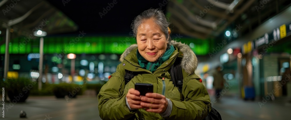 An Asian Woman Using A Smartphone At The Airport Terminal, Wearing A Green Jacket An Asian Woman Using A Smartphone At The Airport Terminal, Wearing A Green Jacket