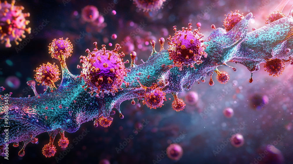 An artistic 3D representation of a virus cell, highlighting intricate details and interactions with host cells, rendered in a vibrant color palette to showcase the complexity of viral behavior.