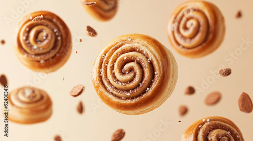 Freshly Baked Cinnamon Rolls with Almonds on a Beige Background