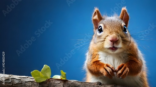 Generative AI technology creates this warily peering surprised squirrel, Sciurus, against a blue background. photo