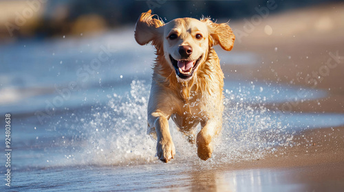 Playful Dog Splashing Water as It Runs Along the Sandy Beach