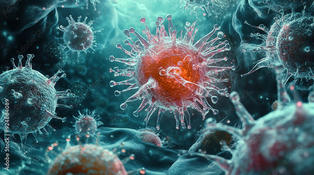 An artistic 3D representation of a virus cell, highlighting intricate details and interactions with host cells, rendered in a vibrant color palette to showcase the complexity of viral behavior.