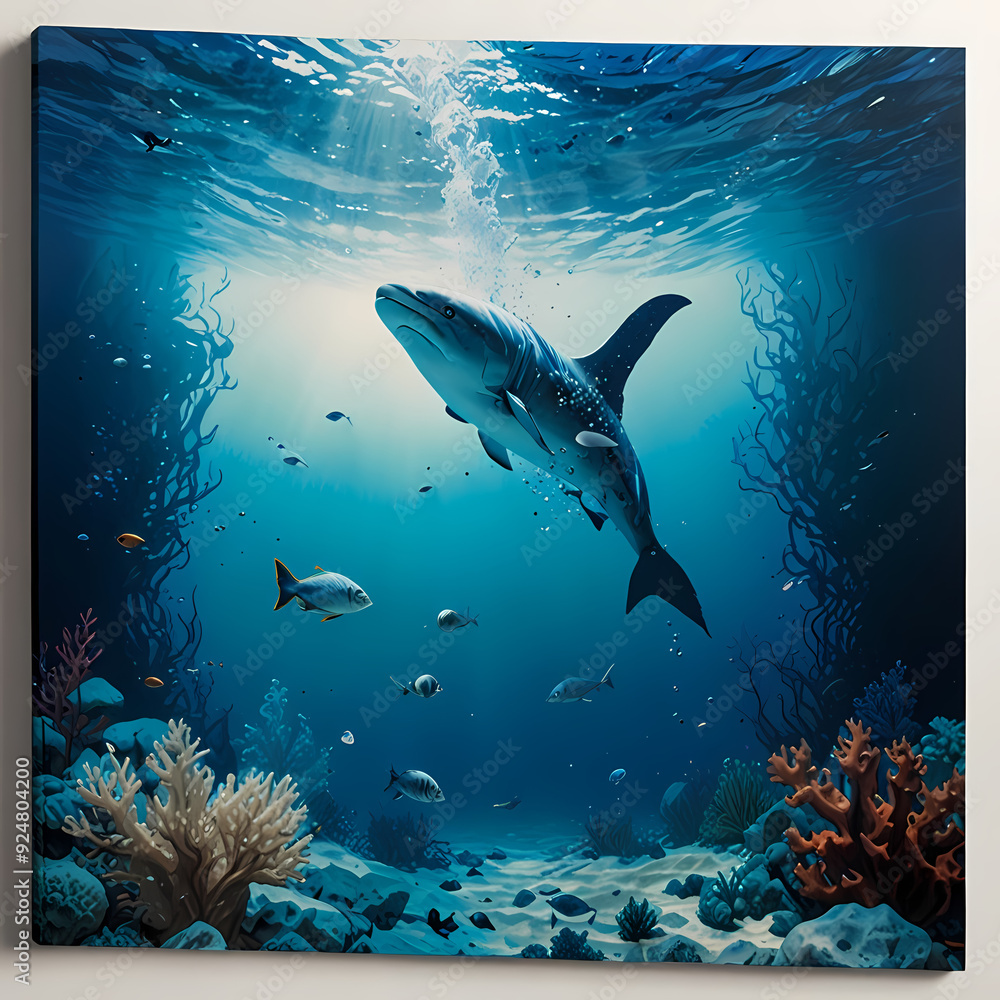 Fototapeta premium shark, fish, underwater, sea, ocean, water, reef, blue, marine, grey, dolphin, animal, swimming, diving, predator, caribbean, danger, sharks, teeth, tropical, aquarium, scuba, nature, coral, swim, dee
