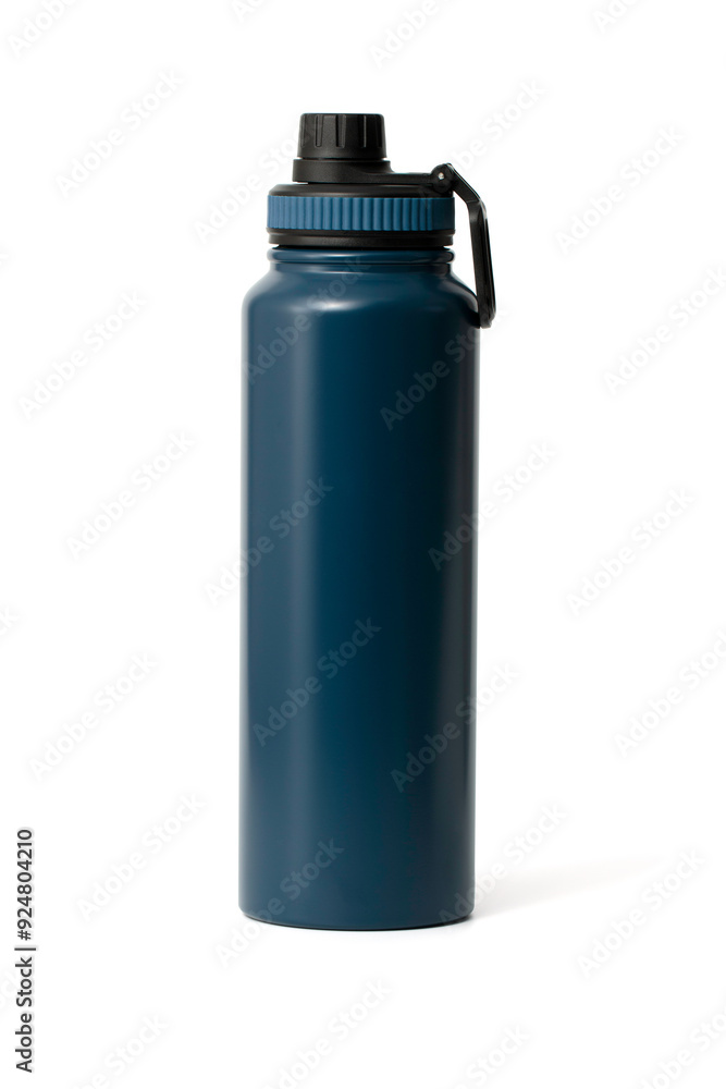 Close-up of blue reusable steel stainless eco thermo water bottle isolated on a white background with clipping path. Zero waste, Plastic disposable bottles. Environment concept. Close-up of blue reusable steel stainless eco thermo water bottle isolated on a white background with clipping path. Zero waste, Plastic disposable bottles. Environment concept.