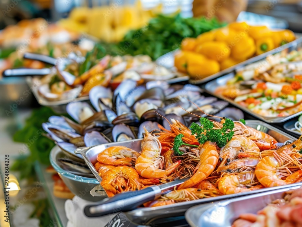 Fresh seafood display at a bustling market featuring shrimp, clams, and various shellfish Fresh seafood display at a bustling market featuring shrimp, clams, and various shellfish