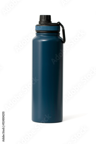 Close-up of blue reusable steel stainless eco thermo water bottle isolated on a white background with clipping path. Zero waste, Plastic disposable bottles. Environment concept.