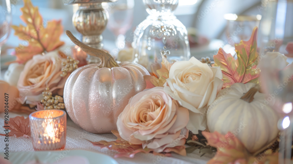 Autumn Centerpiece With Glittering Pumpkins and Roses Autumn Centerpiece With Glittering Pumpkins and Roses