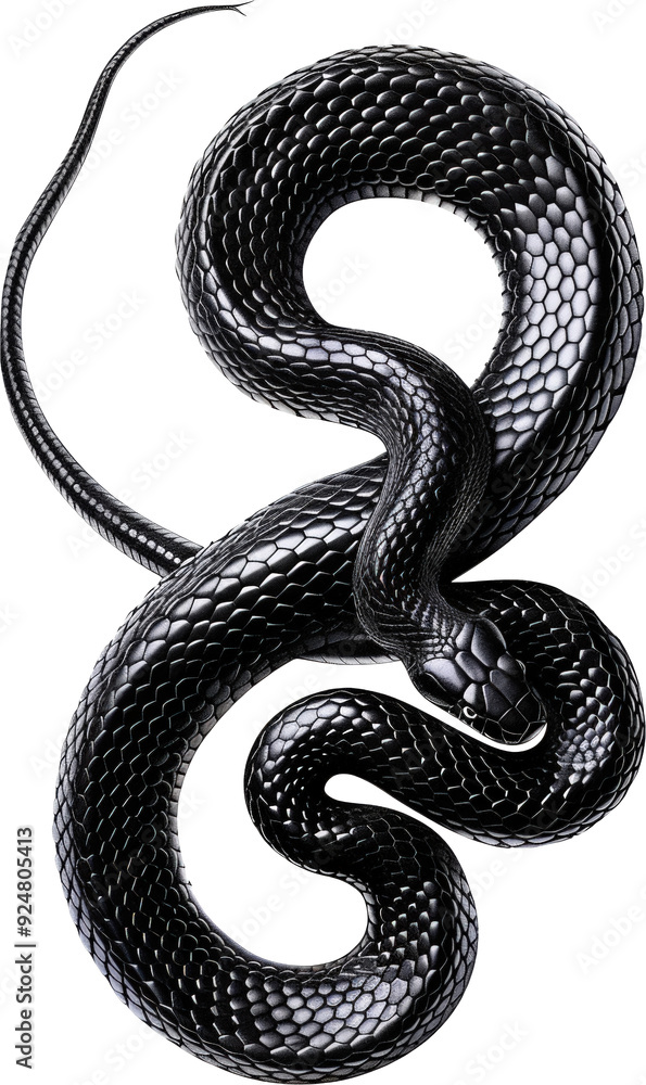 A close-up of a black snake coiled in a striking pose, its scales reflecting the light, creating a captivating image. A close-up of a black snake coiled in a striking pose, its scales reflecting the light, creating a captivating image.