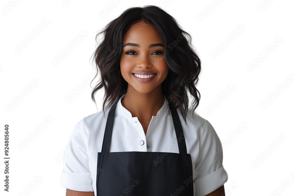Happy black female waitress in white uniform on transparent background Happy black female waitress in white uniform on transparent background
