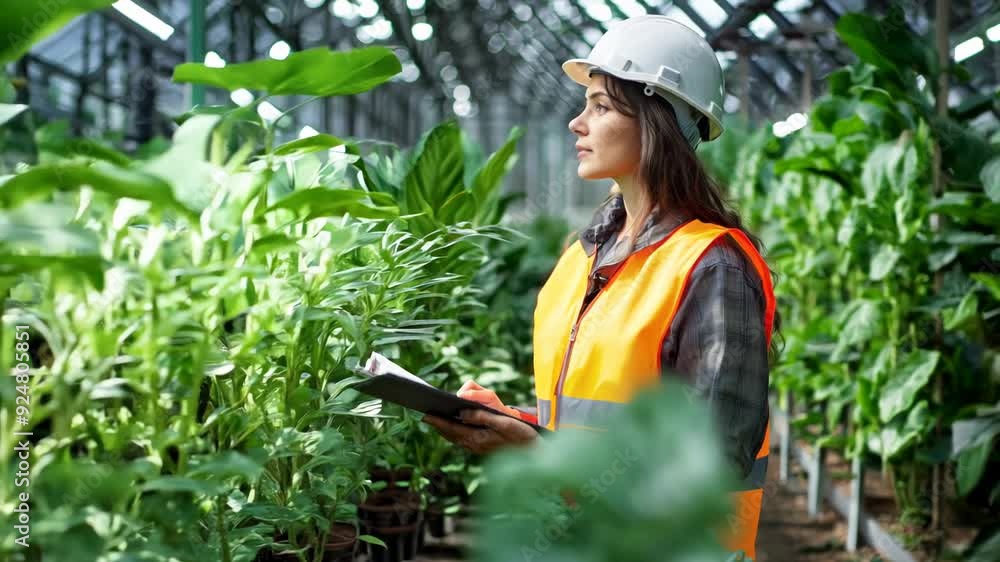 Female Agricultural Engineer Analyzing Plants in a Greenhouse with Safety Gear On Female Agricultural Engineer Analyzing Plants in a Greenhouse with Safety Gear On