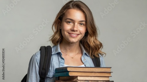 Young woman with books and backpack on white background