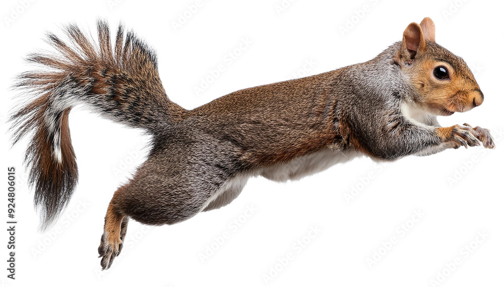 Obraz premium Cute fluffy grey squirrel perched on a transparent background