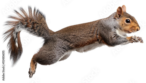 Cute fluffy grey squirrel perched on a transparent background