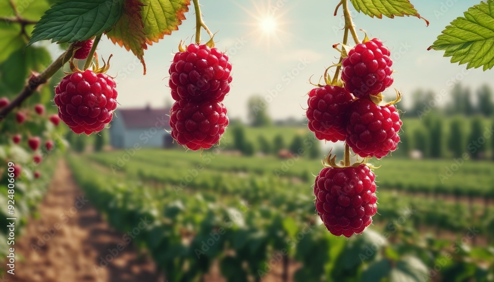 Red raspberry in garden. Branch of ripe raspberries, closeup. Red raspberries and green leaves. Red raspberry in garden. Branch of ripe raspberries, closeup. Red raspberries and green leaves.