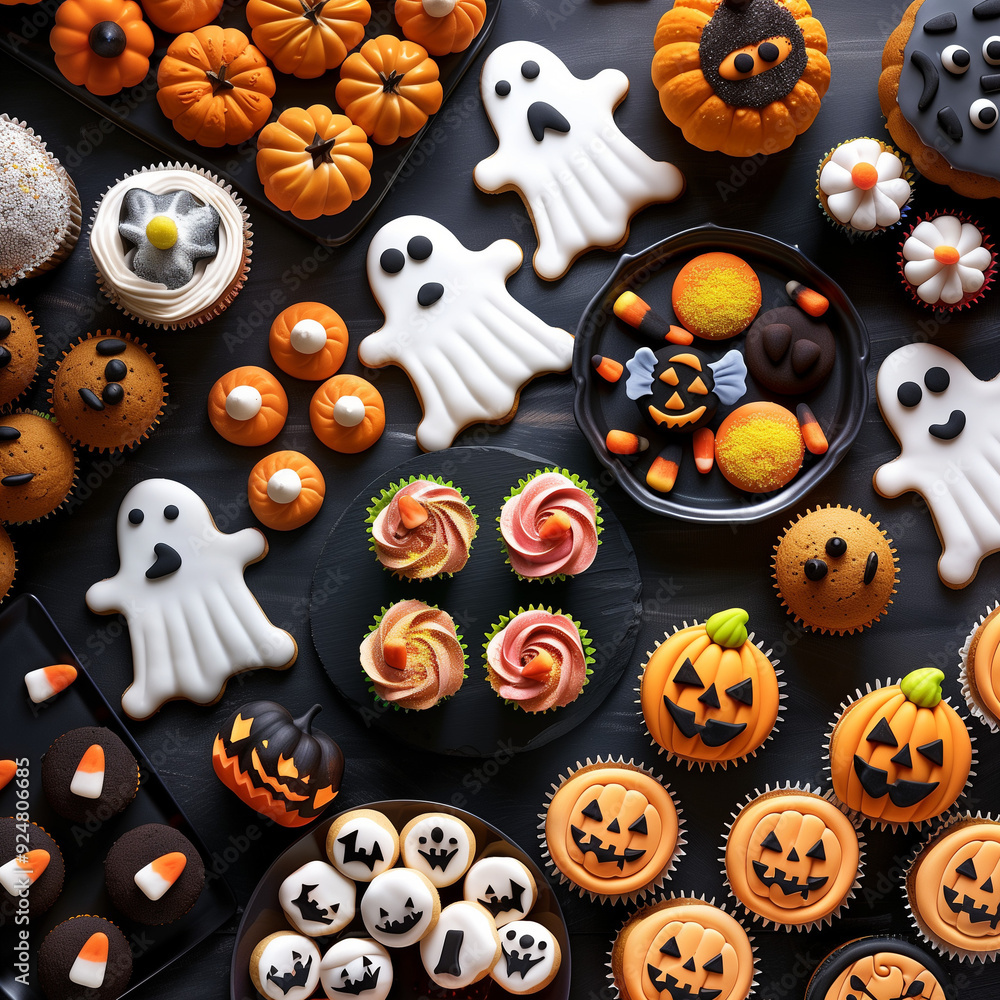 A top-down shot of a table filled with Halloween-themed treats, including ghost-shaped cookies, pumpkin-topped cupcakes, and candy corn A top-down shot of a table filled with Halloween-themed treats, including ghost-shaped cookies, pumpkin-topped cupcakes, and candy corn