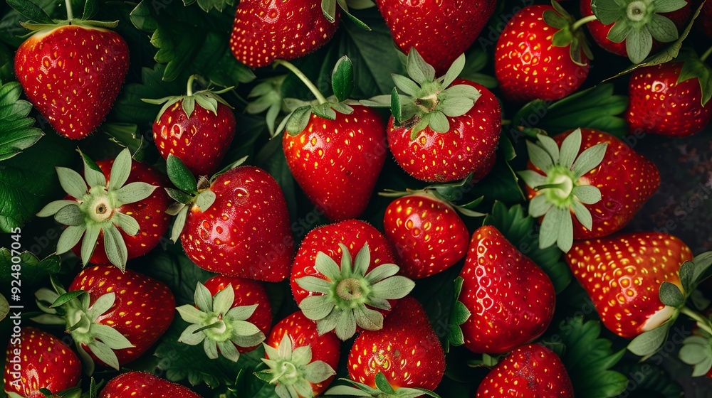 Directly above view of fresh red strawberries. All strawberries are clean with green leaves background Directly above view of fresh red strawberries. All strawberries are clean with green leaves background