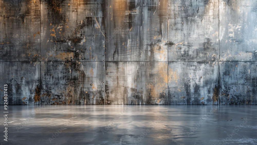 Obraz premium A stunning portrayal of an urban industrial backdrop, featuring beautifully weathered, textured metal walls and a reflective polished concrete floor that captivates visually.
