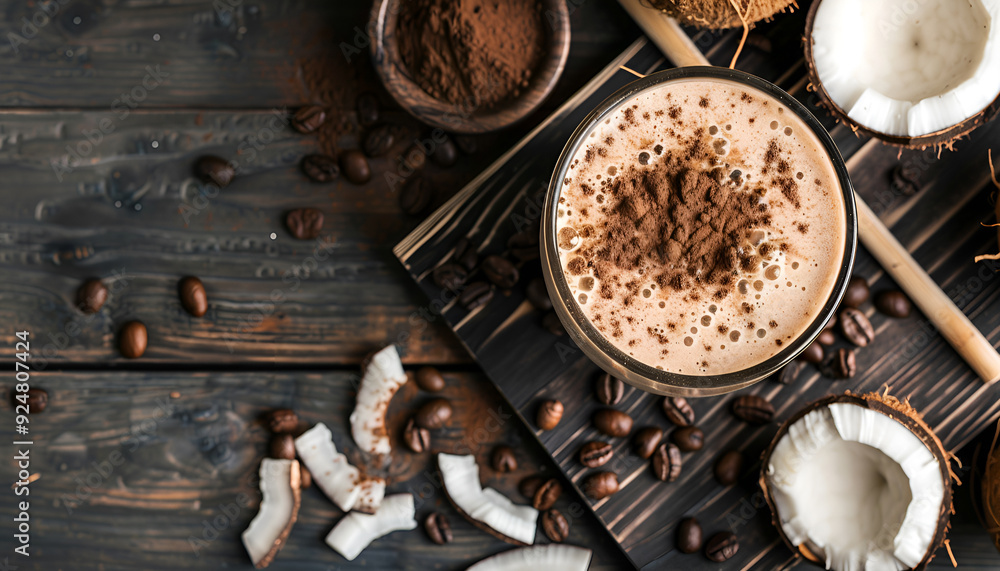 Coconut coffee chocolate smoothie on a chalk board Coconut coffee chocolate smoothie on a chalk board
