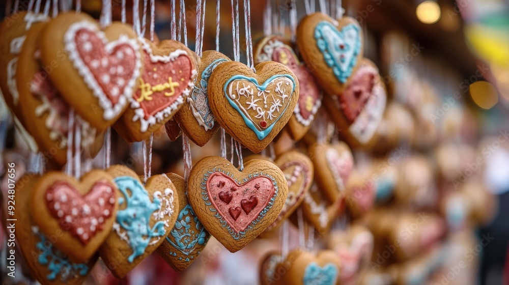 A colorful display of gingerbread heart cookies at an Oktoberfest market stall, each decorated with intricate icing patterns and messages, hanging on strings and ready to be bought as souvenirs, with A colorful display of gingerbread heart cookies at an Oktoberfest market stall, each decorated with intricate icing patterns and messages, hanging on strings and ready to be bought as souvenirs, with