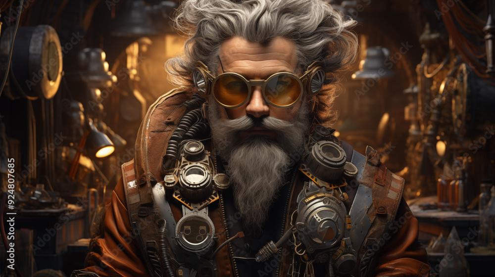 Fototapeta premium Bearded Man With Steampunk Gear Surrounded By Vintage Mechanical Devices And Dim Industrial Lighting